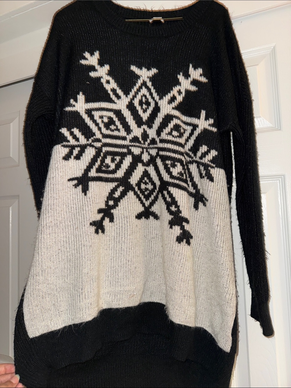 Black & Cream Snowflake Crewneck Sweater Dress - Women's